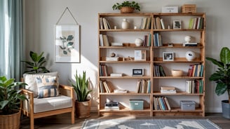 a living room with a chair and a bookshelf
