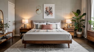 a bedroom with a bed and a mirror