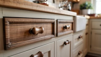 a kitchen with a wooden cabinet and drawers
