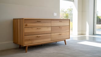a dresser with a wooden dresser and a large window