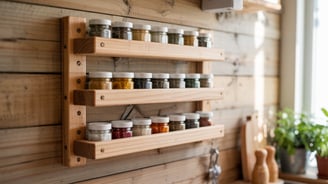 a wooden shelf with jars of spices on it