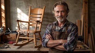 a man in a workwear suit and a rocking chair