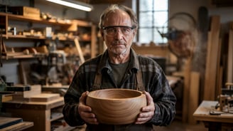 a man holding a wooden bowl in a workshop