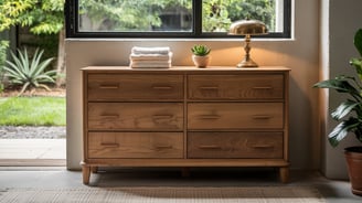 a dresser with a lamp and a plant in front of a window