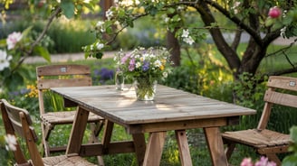 a table with a vase of flowers in a garden