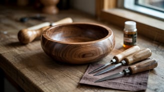 a wooden bowl with a knife