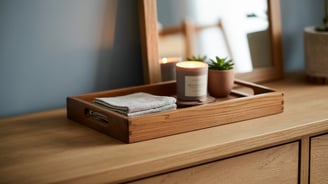 a wooden dresser with candles