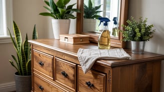 a dresser with a spray bottle and a plant in a potted plant