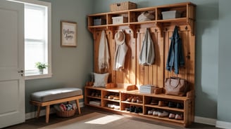 a wooden bench with a coat rack and a bench