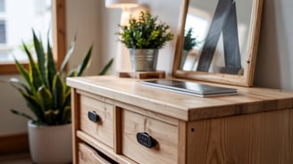 a wooden dresser with a mirror and a laptop on it