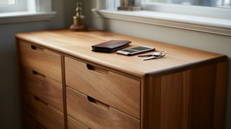 a wooden dresser with a wallet, phone and keys on top of it