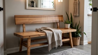 a wooden bench with a blanket on it
