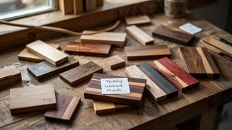 a table with a note pad and wood scraps