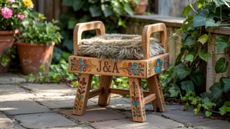 a wooden bench with a sheepskin seat