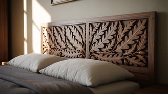 a bed with a wooden headboard and pillows
