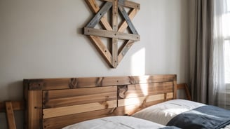 a bed with a wooden headboard