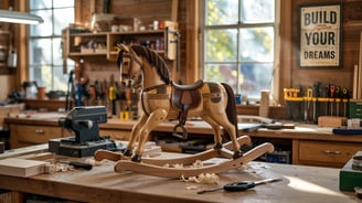a wooden rocking horse in a workshop