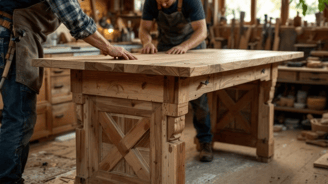 a man and woman working on a table