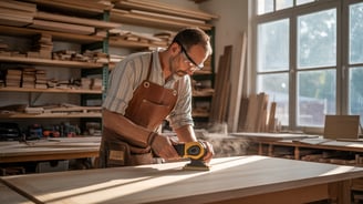a man in a leather apron using a sander