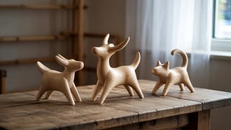three wooden deer statues of deers on a table