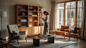 a woman standing in a living room with a bookcase
