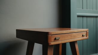 a small wooden table with a drawer