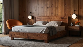 a wooden bed with a chair in a room