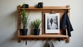 a wooden shelf with a picture frame and a camera