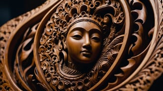 a wooden carving of a woman's face