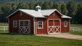 a horse barn with a steeple