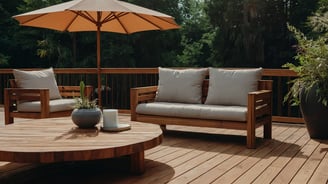 a patio with a wooden deck and a table with a coffee table