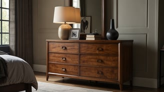 a bedroom with a dresser and a lamp