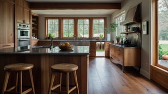 a kitchen with a large window and a bowl of fruit
