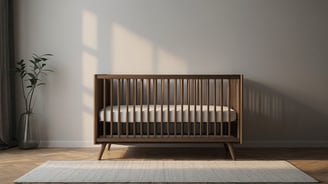 a baby's room with a wooden crib