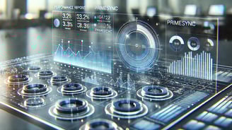 Dashboard holográfico con gráficos de rendimiento y KPIs, mostrando la medición de resultados