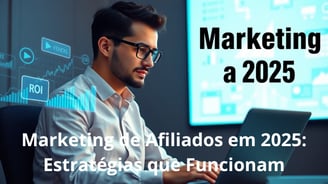 Empreendedor digital com gráficos de marketing ao fundo.