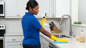 NexaPro team member performing deep kitchen cleaning with gloves and spray in a Louisville home