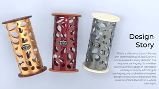 Set of Jack Daniel’s metal packaging in gold, red, and silver with cobblestone-inspired cuts.