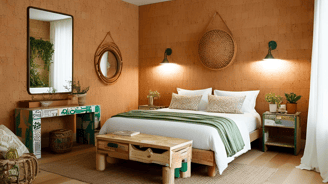 Home interior with cork wallpaper and upcycled furniture