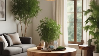 A cozy interior space featuring several potted plants arranged on a patterned rug. In the background, a balcony is visible with a wicker chair and a stone statue of Buddha. The large glass windows offer a view of a building with multiple balconies across the way.