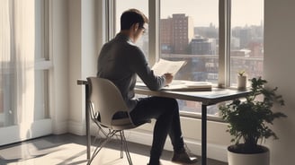 A man sitting at a desk in an office reviewing a curriculum vitae or contract