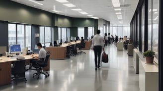 Busy office environment with members of staff working at their desks, or walking along the corridors