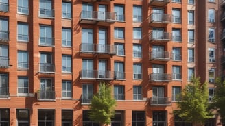 Block of flats with balconies with residents and public walking outside on a busy street