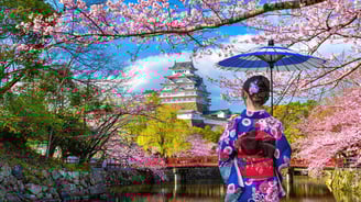 Girl dressed in kimono looking across at the majestic Osaka Castle