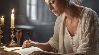 a woman studying a bible at a table