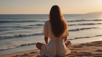 A woman seated on the beach looking ate the sea. long hair on her back, meditating