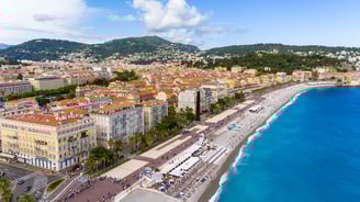 Aerial view of Nice, France, showcasing the vibrant Promenade des Anglais