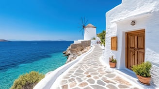 Greek island of Mykonos, Greece - beautiful white buildings and blue sea