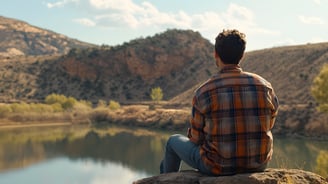 Contemplating a Tranquil Lake Amid Rugged Mountains