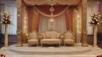 A large indoor event with a stage featuring bright screens and spotlights, attended by a substantial crowd. The venue has a high ceiling with industrial beams and red lighting accents. The atmosphere resembles a concert or a conference with a focus on visual effects.